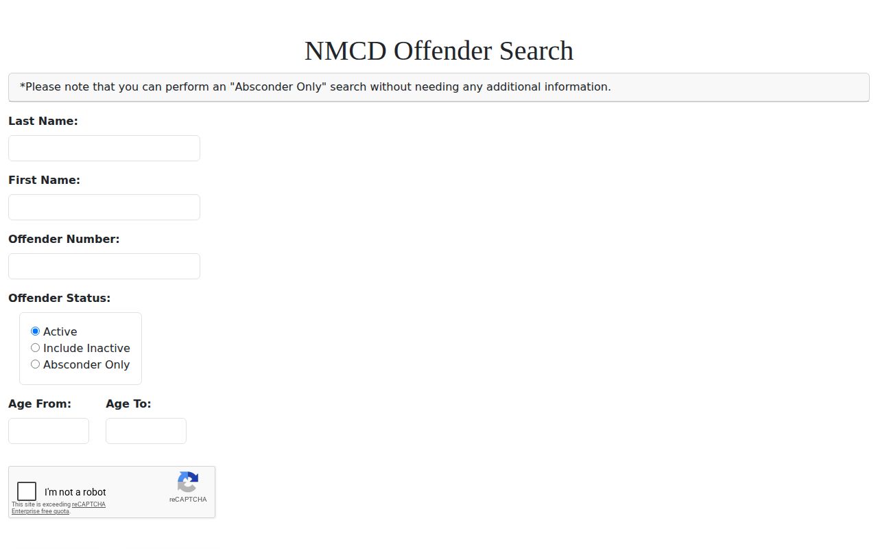 NMCD search fields for Grant County released inmate mugshots